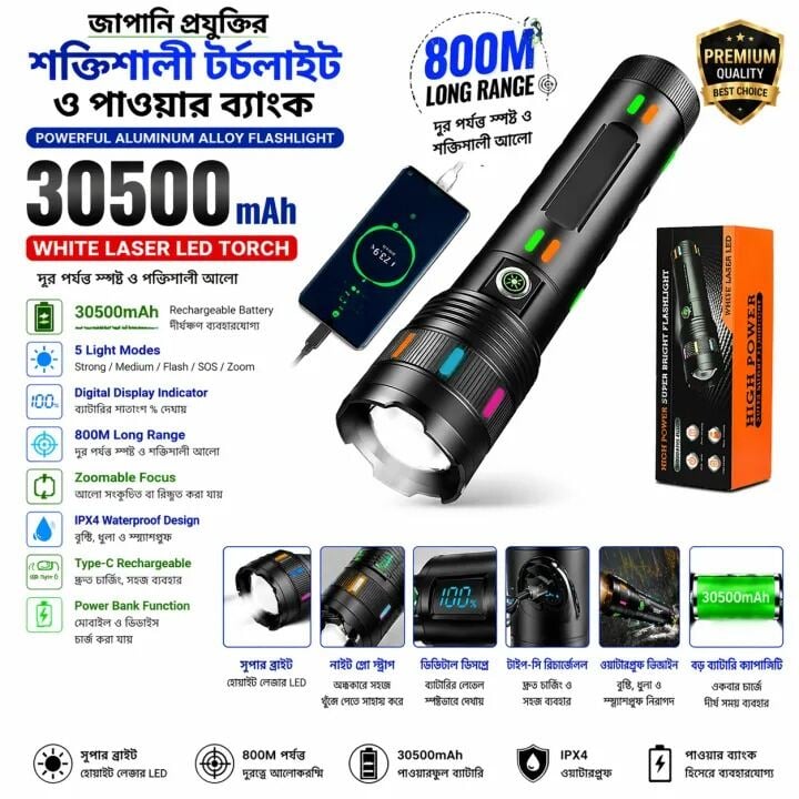 Picture of Powerful Aluminum Alloy Flashlight 30500mAh | Sanford White Laser LED Torch | 800M Long Range Waterproof Torch | Type-C Rechargeable Digital Display Flashlight for Outdoor, Camping & Emergency Use Black