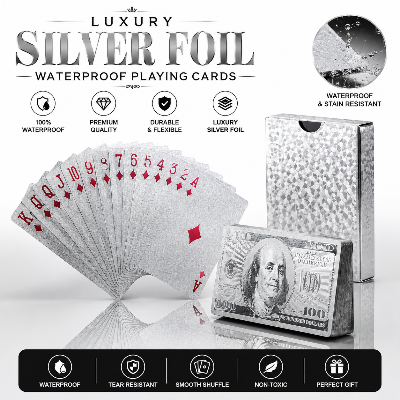Picture of Luxury Silver Foil Waterproof Playing Cards – Premium Plastic Poker Deck for Card Games, Party Entertainment, Magic Tricks, Gift Collection & Family Fun Silver