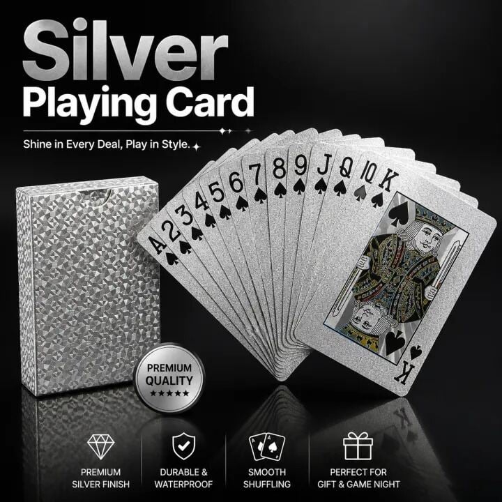 Picture of Luxury Silver Foil Waterproof Playing Cards – Premium Plastic Poker Deck for Card Games, Party Entertainment, Magic Tricks, Gift Collection & Family Fun Silver