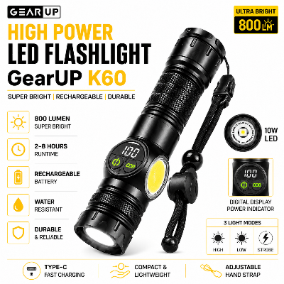 Picture of High Power LED Flashlight GearUP K60 10W COB + LED Torch – Rechargeable Waterproof Zoomable Torch Light with Magnetic Base & 7700mAh Battery for Camping, Outdoor & Emergency Use Black