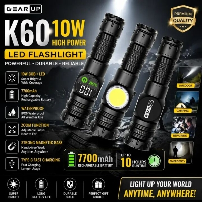 Picture of High Power LED Flashlight GearUP K60 10W COB + LED Torch – Rechargeable Waterproof Zoomable Torch Light with Magnetic Base & 7700mAh Battery for Camping, Outdoor & Emergency Use Black