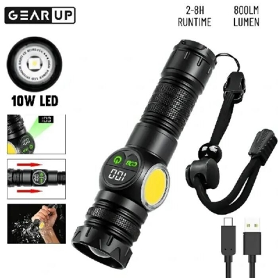 Picture of High Power LED Flashlight GearUP K60 10W COB + LED Torch – Rechargeable Waterproof Zoomable Torch Light with Magnetic Base & 7700mAh Battery for Camping, Outdoor & Emergency Use Black