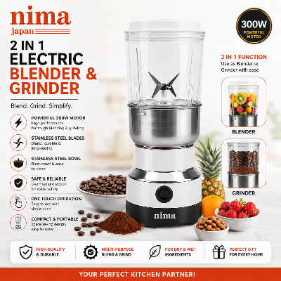 Picture of Nima 2 in 1 Electric Blender & Grinder 300W – Multi-Purpose Kitchen Appliance for Grinding Spices, Nuts, Coffee Beans, Dry Ingredients & Fresh Juice Preparation 