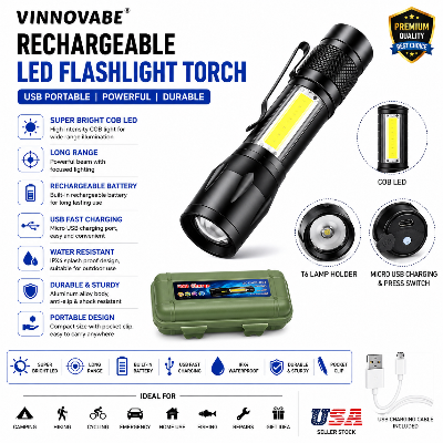 Picture of Rechargeable LED Flashlight Torch USB Portable | Mini 3 Modes Camping Light | High Brightness Torch for Outdoor, Emergency, Hiking & Night Use Black