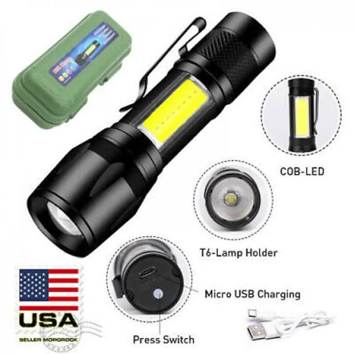 Picture of Rechargeable LED Flashlight Torch USB Portable | Mini 3 Modes Camping Light | High Brightness Torch for Outdoor, Emergency, Hiking & Night Use Black