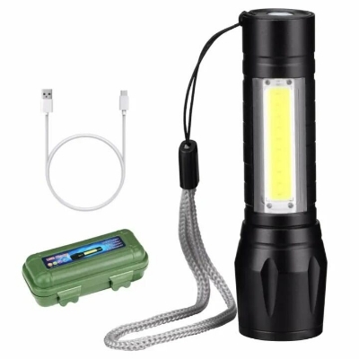 Picture of Rechargeable LED Flashlight Torch USB Portable | Mini 3 Modes Camping Light | High Brightness Torch for Outdoor, Emergency, Hiking & Night Use Black