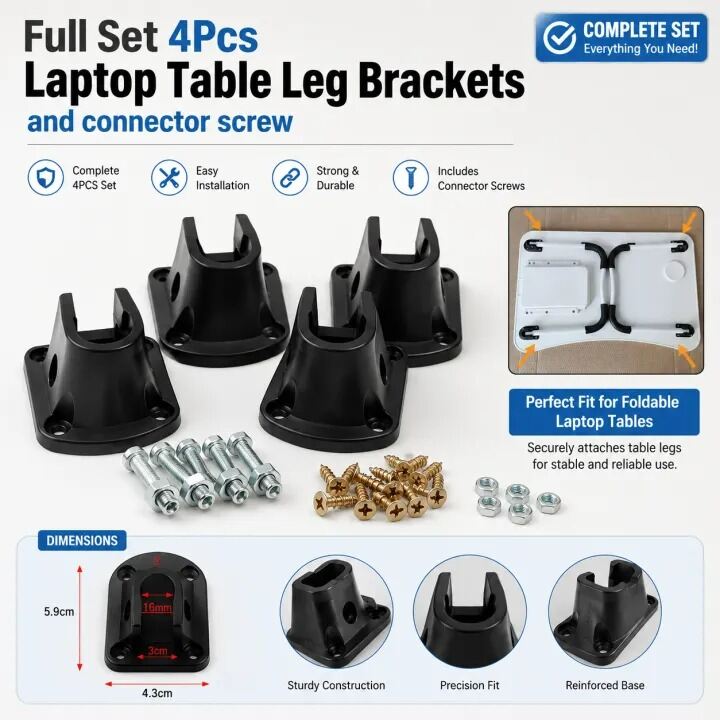 Picture of Full Set 4Pcs Laptop Table Leg Brackets with Connector Screw | Foldable Laptop Table Repair Kit | Furniture Fittings & Replacement Parts for Portable Lap Desk & Folding Table Black