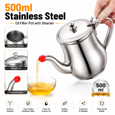Picture of 500ml Stainless Steel Oil Filter Pot with Strainer – Large Capacity Cooking Oil Storage Container Jug for Kitchen, Frying Oil Separation & Reuse Multicolor