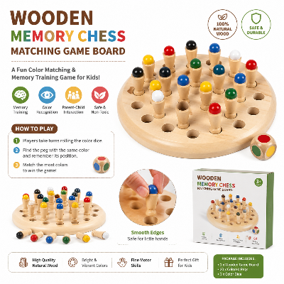Picture of Wooden Memory Chess Matching Game Board – Educational Brain Training Puzzle Toy for Kids & Adults, Memory Improvement Learning Game Multicolor