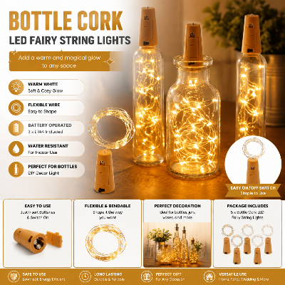 Picture of Bottle Cork LED Fairy String Lights – Warm Golden Copper Wire Starry Lights for DIY Glass Bottle Decoration, Wedding, Party, Bedroom & Home Decor Gold