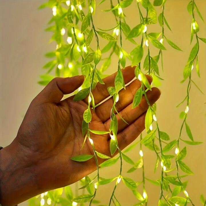 Picture of 2 Meter Willow Leaf Fairy String Lights with 20 LEDs – Battery Operated Decorative Garland Light with 3 Lighting Modes for Bedroom, Wall, Window, Wedding, Party & Home Decoration Gold