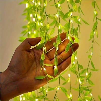 Picture of 2 Meter Willow Leaf Fairy String Lights with 20 LEDs – Battery Operated Decorative Garland Light with 3 Lighting Modes for Bedroom, Wall, Window, Wedding, Party & Home Decoration Gold