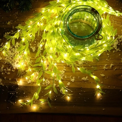 Picture of 2 Meter Willow Leaf Fairy String Lights with 20 LEDs – Battery Operated Decorative Garland Light with 3 Lighting Modes for Bedroom, Wall, Window, Wedding, Party & Home Decoration Gold