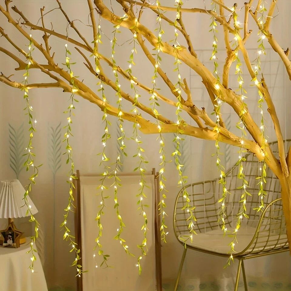 Picture of 2 Meter Willow Leaf Fairy String Lights with 20 LEDs – Battery Operated Decorative Garland Light with 3 Lighting Modes for Bedroom, Wall, Window, Wedding, Party & Home Decoration Gold