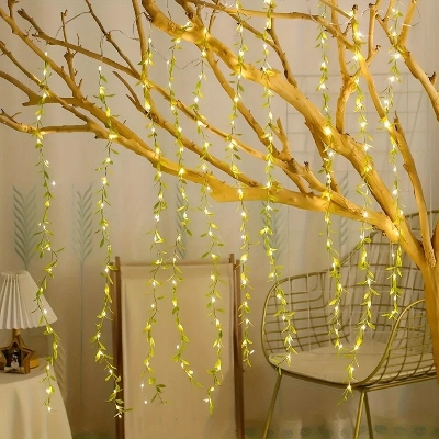 Picture of 2 Meter Willow Leaf Fairy String Lights with 20 LEDs – Battery Operated Decorative Garland Light with 3 Lighting Modes for Bedroom, Wall, Window, Wedding, Party & Home Decoration Gold