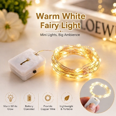 Picture of 2M Warm White Copper Wire Fairy Lights with 20 LEDs – Battery Operated Mini String Lights for Bedroom, Gaming Room, Billiard Table, Party, Wedding & Home Decoration Mini Gold String