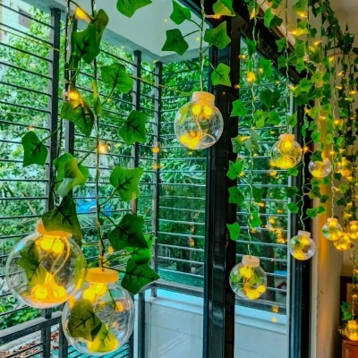 Picture of Wish Ball Leaf Curtain Light Decorative LED String Lights with Green Leaves – 16 Feet Fairy Light for Bedroom Living Room Wedding Party Home Decoration Gold