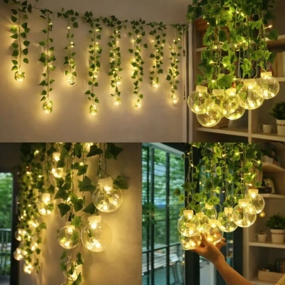 Picture of Wish Ball Leaf Curtain Light Decorative LED String Lights with Green Leaves – 16 Feet Fairy Light for Bedroom Living Room Wedding Party Home Decoration Gold