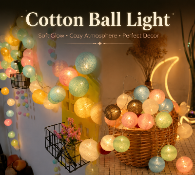 Picture of 20 LED Cotton Ball String Lights Garland Decorative Fairy Lights for Room Christmas Wedding Garden Patio Indoor Outdoor Home Decoration Multicolor