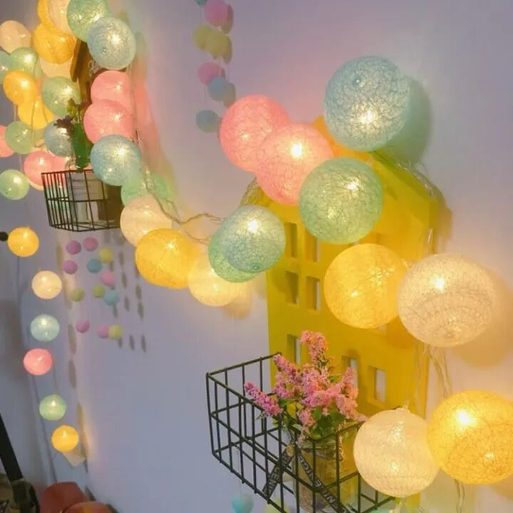 Picture of 20 LED Cotton Ball String Lights Garland Decorative Fairy Lights for Room Christmas Wedding Garden Patio Indoor Outdoor Home Decoration Multicolor