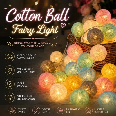 Picture of 20 LED Cotton Ball String Lights Garland Decorative Fairy Lights for Room Christmas Wedding Garden Patio Indoor Outdoor Home Decoration Multicolor