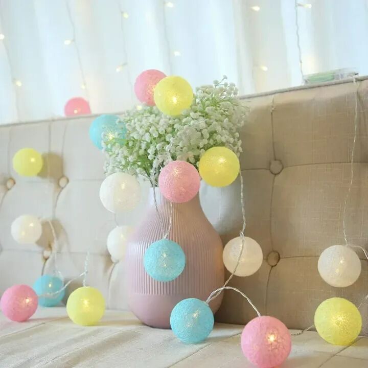 Picture of 20 LED Cotton Ball String Lights Garland Decorative Fairy Lights for Room Christmas Wedding Garden Patio Indoor Outdoor Home Decoration Multicolor