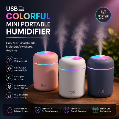 Picture of USB Colorful Mini Portable Humidifier 300ml – Desktop Air Moisturizer with LED Lights for Car Home Office Bedroom Quiet Mist Humidifier 
