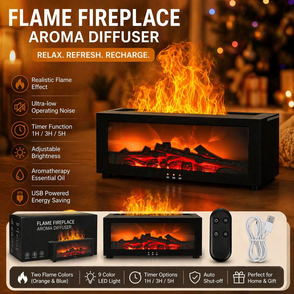 Picture of Fire Box Flame Humidifier and Aroma Diffuser with Remote Control – 7 Color LED Cool Mist Fireplace Essential Oil Diffuser with Timer Auto Waterless Shut Off for Home Room Decor 