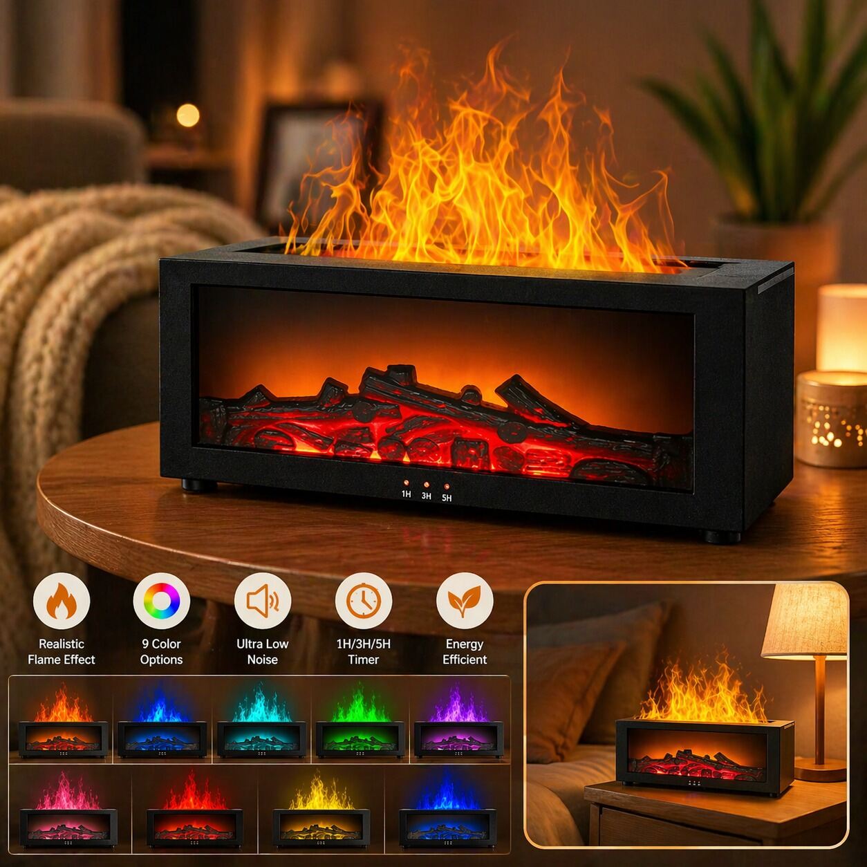 Picture of Fire Box Flame Humidifier and Aroma Diffuser with Remote Control – 7 Color LED Cool Mist Fireplace Essential Oil Diffuser with Timer Auto Waterless Shut Off for Home Room Decor 