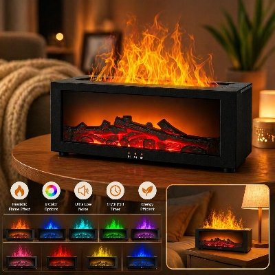 Picture of Fire Box Flame Humidifier and Aroma Diffuser with Remote Control – 7 Color LED Cool Mist Fireplace Essential Oil Diffuser with Timer Auto Waterless Shut Off for Home Room Decor 