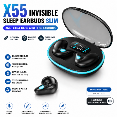 Picture of X55 Invisible Sleep Earbuds TWS Bluetooth 5.3 – Mini Wireless Earphones with Mic, HD Call, 9D Stereo Sound, IPX5 Waterproof & Charging Case Multicolor