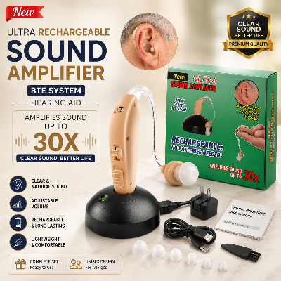 Picture of Ultra Sound Amplifier Rechargeable BTE Hearing Aid – 30X Sound Amplification with Charging Station | Adjustable Volume Hearing Device Multicolor