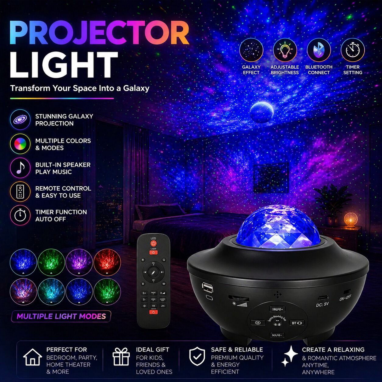 Picture of Galaxy Projector Starry Sky LED Night Light – Moon Lamp USB Mini Projector with Star Ceiling Effect Ambient Light for Bedroom Living Room Home Interior Decoration Multicolor