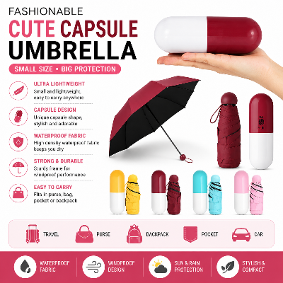 Picture of Fashionable Cute Capsule Umbrella Multicolor | Mini Pocket Portable Folding Umbrella | Lightweight Waterproof Sun & Rain Protection Umbrella for Women, Girls & Travel Use Multicolor