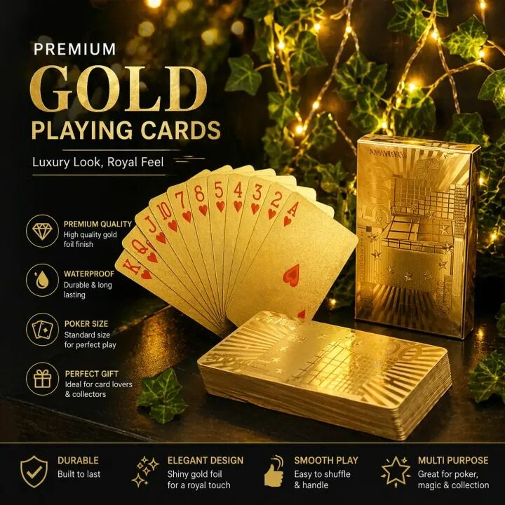 Picture of Premium Gold Foil Waterproof Poker Playing Cards Deck – Luxury PET PVC Plastic Flexible Game Cards for Casino, Magic Tricks, Family Game Night, Gift & Collection Gold