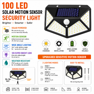 Picture of 100 LED Solar Motion Sensor Security Light – IP65 Waterproof Outdoor Wall Lamp for Garden, Patio, Yard, Garage, Pathway, Fence & Home Security Lighting Black