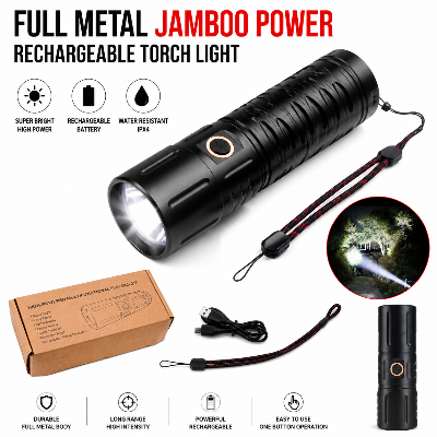 Picture of Full Metal Jamboo Power Rechargeable Torch Light with Built-in Power Bank – High Power LED Flashlight, Ultra Bright Portable Waterproof Multi-Function Emergency Torch for Outdoor Camping, Home & Survival Use Black