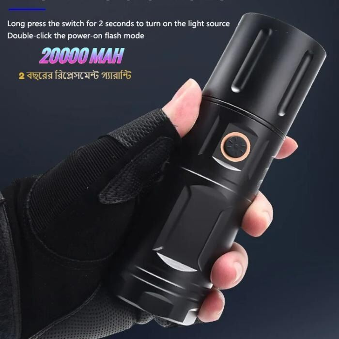 Picture of Full Metal Jamboo Power Rechargeable Torch Light with Built-in Power Bank – High Power LED Flashlight, Ultra Bright Portable Waterproof Multi-Function Emergency Torch for Outdoor Camping, Home & Survival Use Black