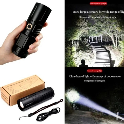 Picture of Full Metal Jamboo Power Rechargeable Torch Light with Built-in Power Bank – High Power LED Flashlight, Ultra Bright Portable Waterproof Multi-Function Emergency Torch for Outdoor Camping, Home & Survival Use Black
