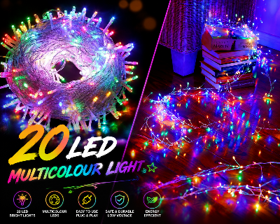 Picture of 20 LED Multicolour Fairy String Lights Color Changing Decorative LED String Lights for Room Bedroom Curtain Wedding Party Festival Indoor Outdoor Home Decoration RGB Fairy Lights Ambient Lighting 20- LED Multicolor