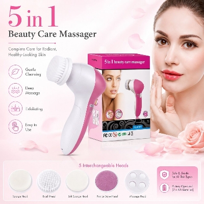 Picture of 5 in 1 Electric Beauty Care Massager Facial Body Machine Roller Skin Cleaning Brush with 5 Accessories 2 Speed Settings IPX6 Water Resistant Face and Body Massager for Women and Men Home Spa Personal Care Device Multicolor