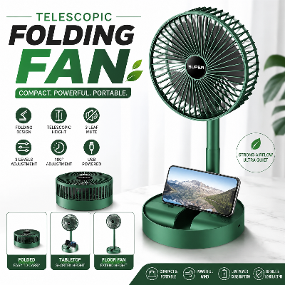 Picture of Telescopic Folding Fan 2026 New Portable USB Rechargeable Collapsible Desk Fan Silent Wireless Standing Oscillating Compact Floor Standing Fan for Travel Dorm Bedroom Home Office Use Green Color Green