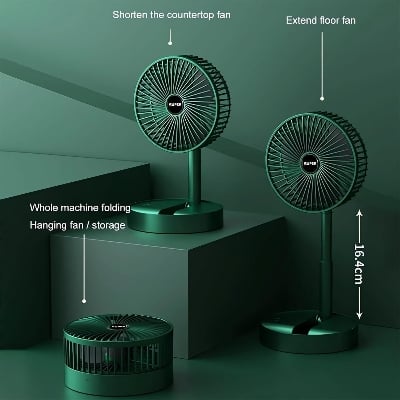 Picture of Telescopic Folding Fan 2026 New Portable USB Rechargeable Collapsible Desk Fan Silent Wireless Standing Oscillating Compact Floor Standing Fan for Travel Dorm Bedroom Home Office Use Green Color Green