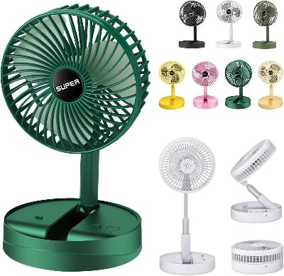 Picture of Telescopic Folding Fan 2026 New Portable USB Rechargeable Collapsible Desk Fan Silent Wireless Standing Oscillating Compact Floor Standing Fan for Travel Dorm Bedroom Home Office Use Green Color Green