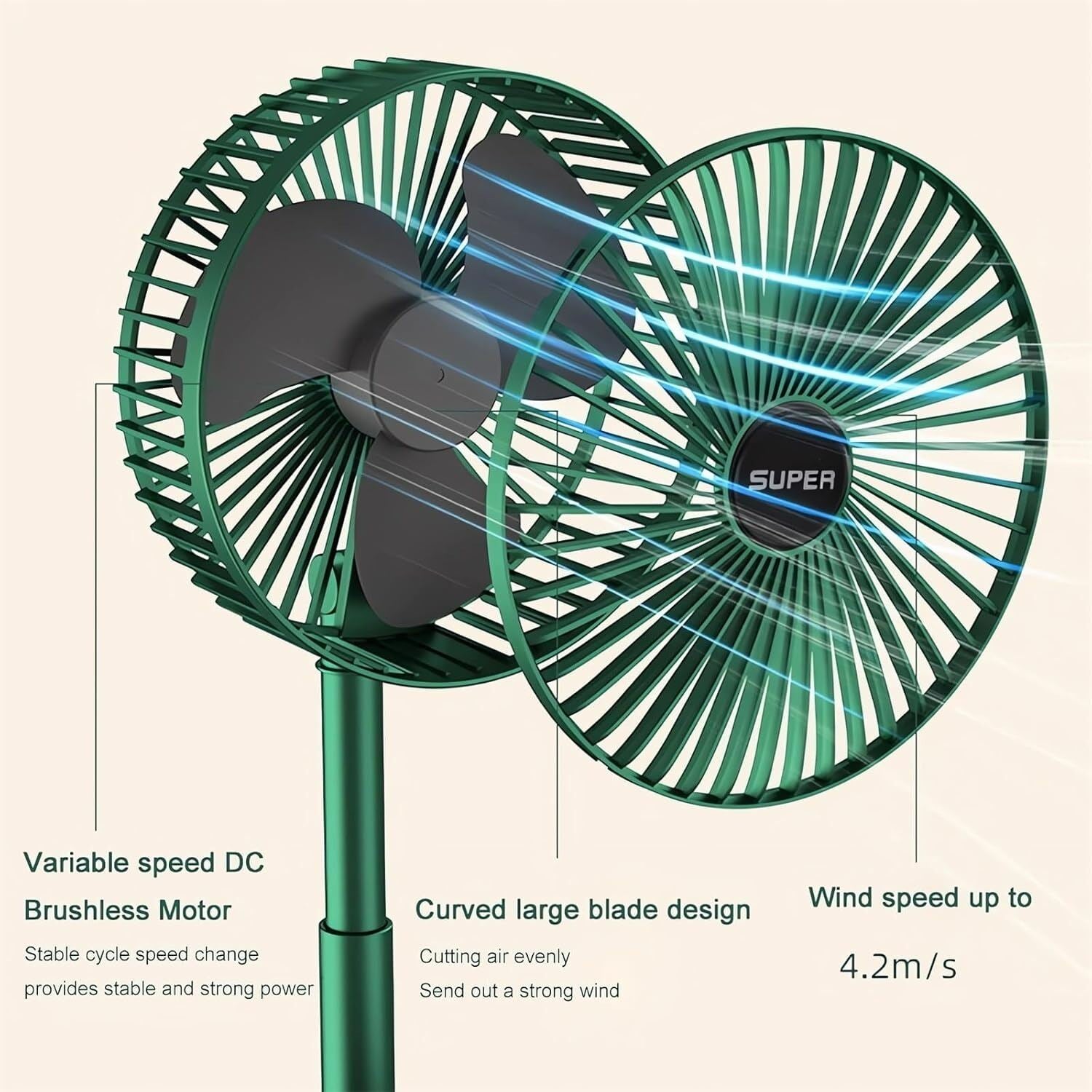 Picture of Telescopic Folding Fan 2026 New Portable USB Rechargeable Collapsible Desk Fan Silent Wireless Standing Oscillating Compact Floor Standing Fan for Travel Dorm Bedroom Home Office Use Green Color Green