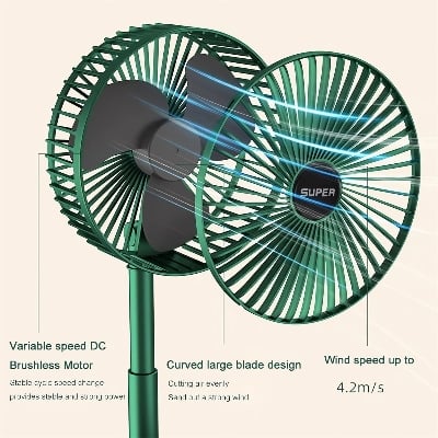 Picture of Telescopic Folding Fan 2026 New Portable USB Rechargeable Collapsible Desk Fan Silent Wireless Standing Oscillating Compact Floor Standing Fan for Travel Dorm Bedroom Home Office Use Green Color Green