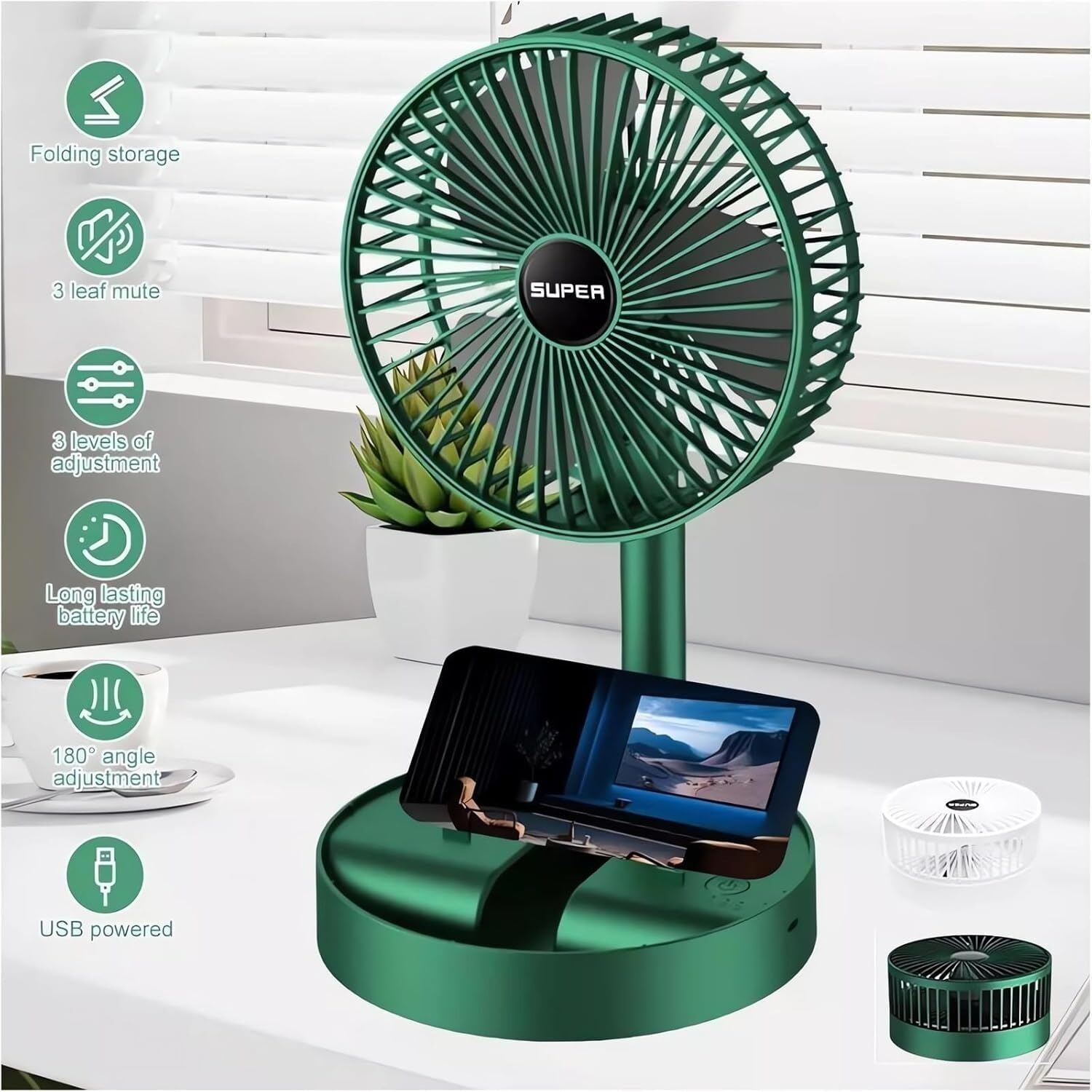 Picture of Telescopic Folding Fan 2026 New Portable USB Rechargeable Collapsible Desk Fan Silent Wireless Standing Oscillating Compact Floor Standing Fan for Travel Dorm Bedroom Home Office Use Green Color Green
