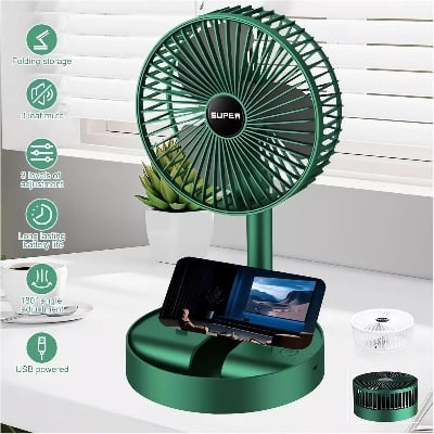 Picture of Telescopic Folding Fan 2026 New Portable USB Rechargeable Collapsible Desk Fan Silent Wireless Standing Oscillating Compact Floor Standing Fan for Travel Dorm Bedroom Home Office Use Green Color Green