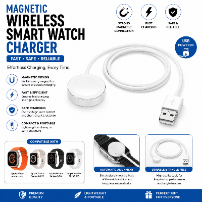 Picture of Magnetic Wireless Smart Watch Charger – Fast Charging Dock Station for Smart Watches, Compact Portable USB Charging Cable for Convenient Daily Use White
