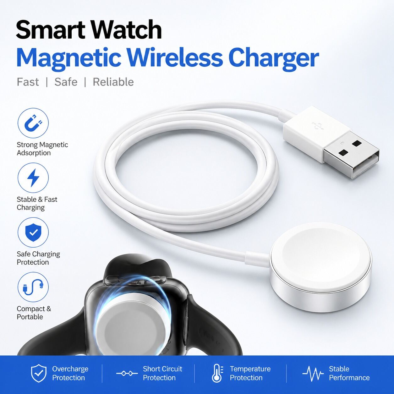 Picture of Magnetic Wireless Smart Watch Charger – Fast Charging Dock Station for Smart Watches, Compact Portable USB Charging Cable for Convenient Daily Use White
